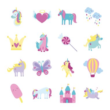 Peri masalı tek boynuzlu at sürüsü simgeleri