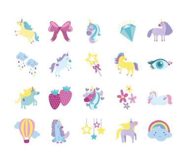 Peri masalı tek boynuzlu at sürüsü simgeleri