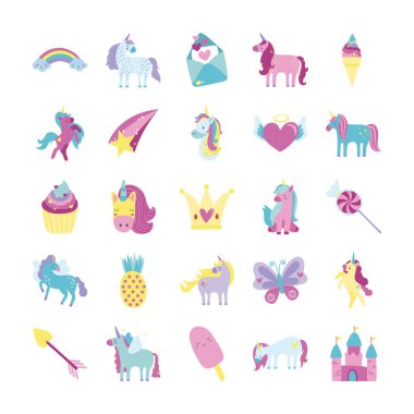 Peri masalı tek boynuzlu at sürüsü simgeleri