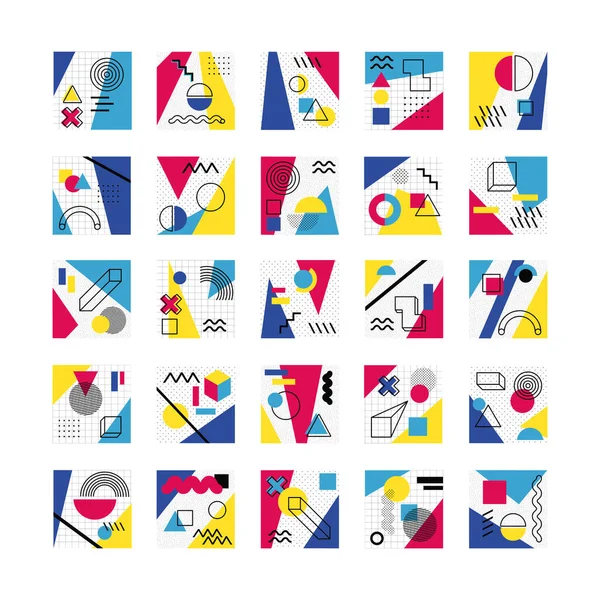 Bundle of abstract posters with colors and figures geometrics — Stock Vector