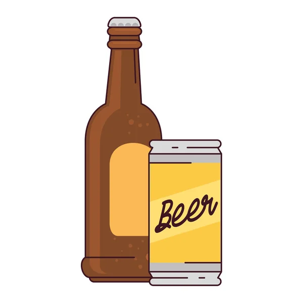 Garrafa com lata de cerveja no fundo branco —  Vetores de Stock
