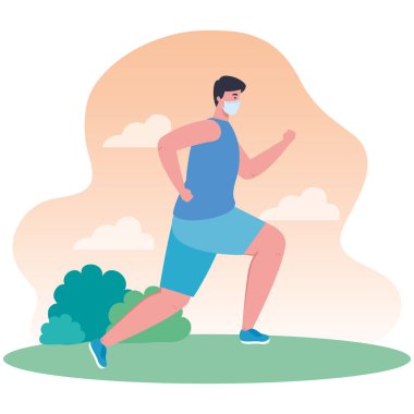 Dışarıda koşan adam tıbbi maske takıyor, Coronavirüs önleme bölmesi 19.