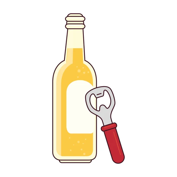 Sticlă de bere cu deschizător de sticle pe fundal alb — Vector de stoc