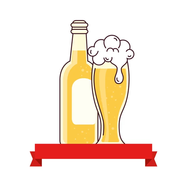 Sklo s lahví piva a stuhou dekorace na bílém pozadí — Stockový vektor