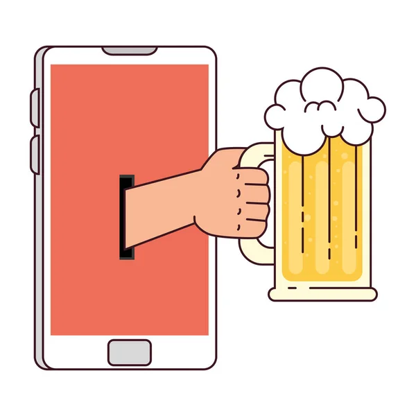 Vzdálená komunikace, ruka držící sklenici piva přes obrazovku smartphonu — Stockový vektor