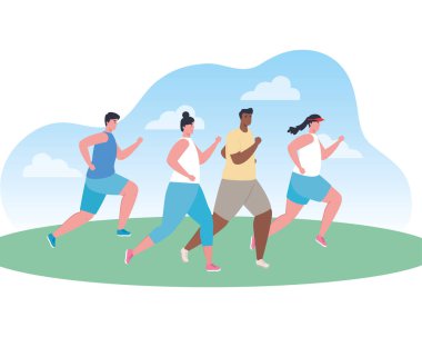 İnsanlar dışarıda koşuyor, gençler spor kıyafetleriyle parkta koşuyor.