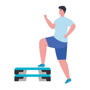 Spor giyim sektöründe genç bir adam, spor antrenmanı, basamaklarda.