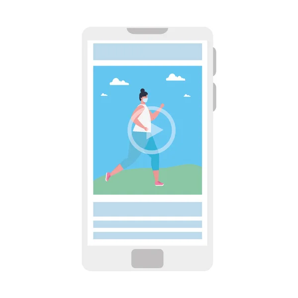 Онлайн спортивный учебник, женщина в медицинской маске, в смартфоне практикующих спорт — стоковый вектор