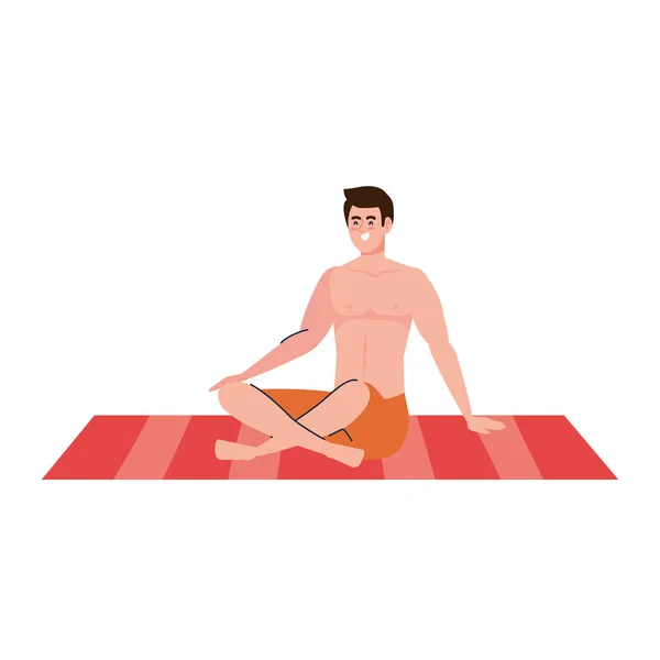 Hombre en pantalones cortos, chico feliz en traje de baño sentado en la toalla — Vector de stock