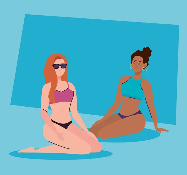 穿着泳衣的妇女，夏季度假季节 — 图库矢量图片