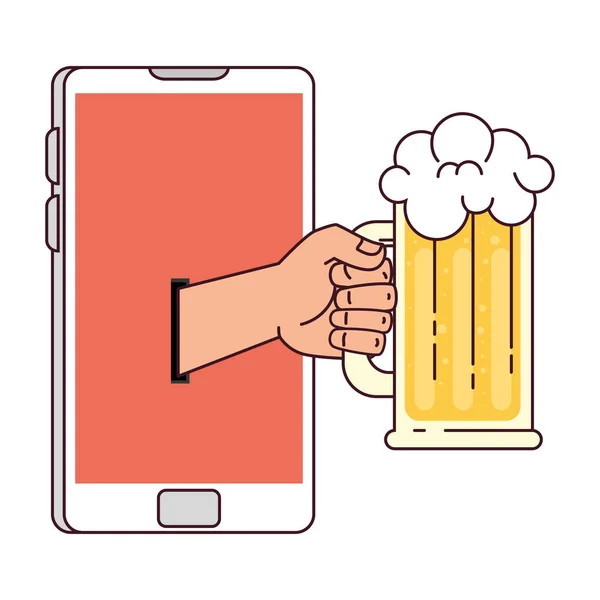 Distant communication, hand holding mug glass of beer through smartphone screen — Stock Vector