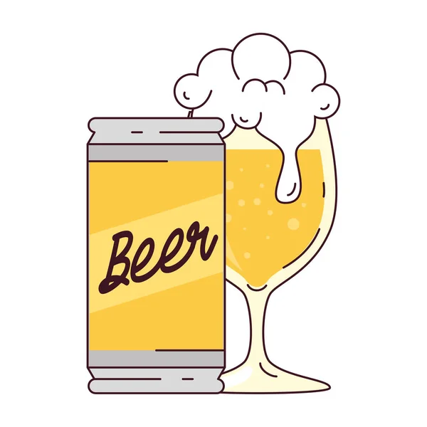Copo de vidro e lata de cerveja no fundo branco — Vetor de Stock