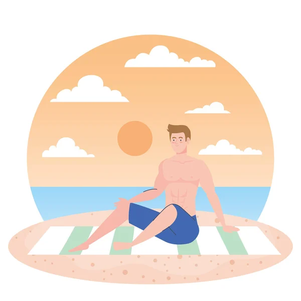 Homem de shorts sentado na praia, temporada de férias de verão —  Vetores de Stock