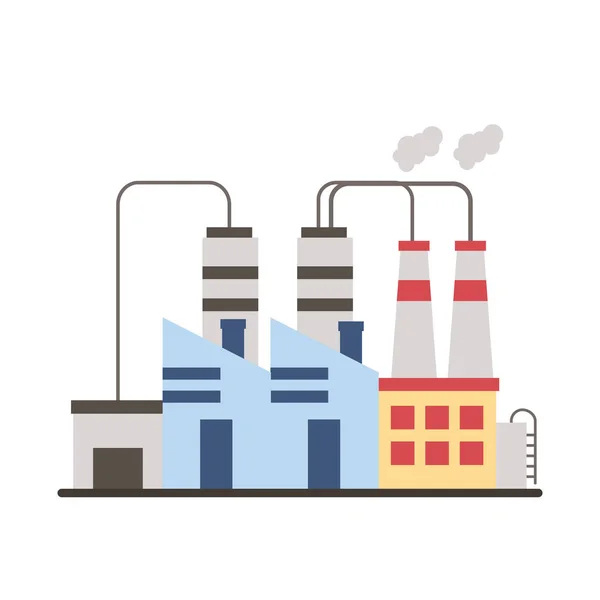 Edificios de fábrica de la industria y chimeneas iconos de estilo plano — Vector de stock