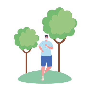 Dışarıda koşan adam tıbbi maske takıyor. Koronavirüsü önleme kabuğu 19, beyaz arka planda.