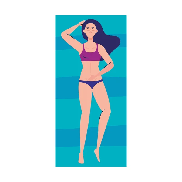 空中观看，女人穿着泳衣躺下，用毛巾晒黑，暑假 — 图库矢量图片