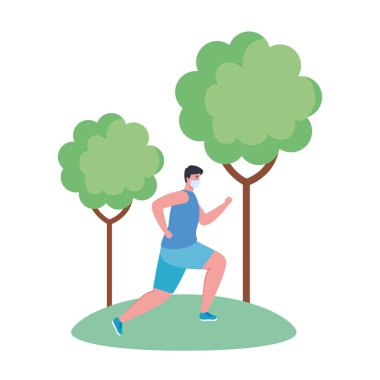 Dışarıda koşan adam tıbbi maske takıyor. Koronavirüsü önleme kabuğu 19, beyaz arka planda.