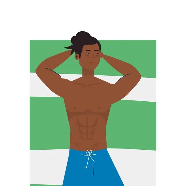 Vista aérea, homem afro em shorts deitado, bronzeamento em toalha, temporada de férias de verão — Vetor de Stock