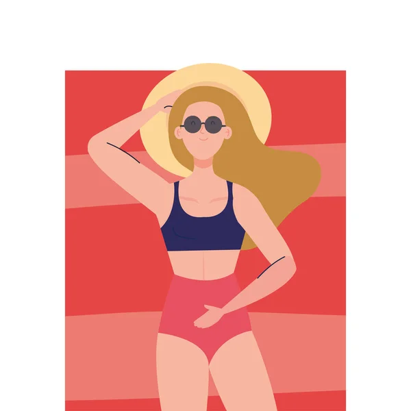 Antenne, Frau im Badeanzug liegend, Sonnenbräune auf Handtuch, Sommerferienzeit — Stockvektor