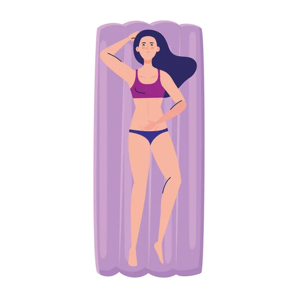 Kvinna i liggande på uppblåsbara flyta med baddräkt, sommar semester säsong — Stock vektor