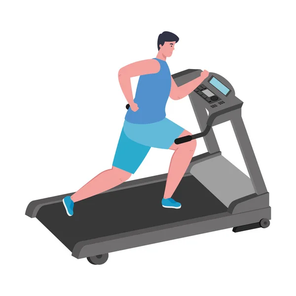 Deporte, hombre corriendo en la cinta de correr, deportista en la máquina de entrenamiento eléctrico — Vector de stock