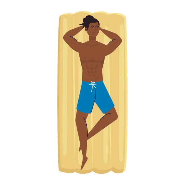 Man afro in lying down on inflatable float in shorts, summer vacation season — Stock Illustration Man afro in lying down on inflatable float in shorts, summer vacation season Vector Graphics