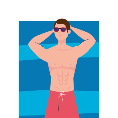 Manzara, şortlu adam uzanmış, havluyla bronzlaşıyor, yaz tatili sezonu.