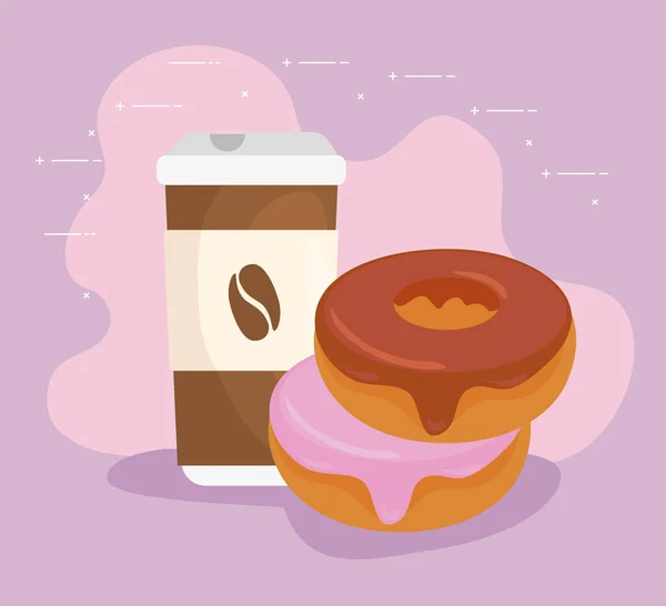 Смачні свіжі солодкі пончики з кавовим напоєм, концепція випічки — стоковий вектор