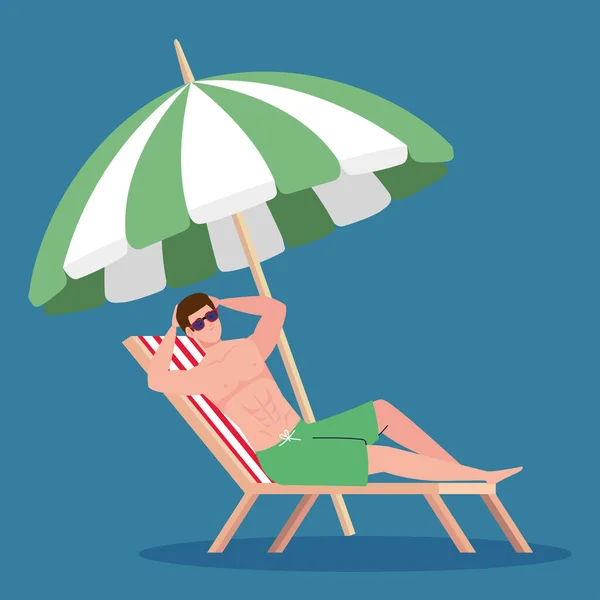 Homme en short en chaise plage, homme heureux en maillot de bain en chaise plage, protection parapluie, saison des vacances d'été — Image vectorielle