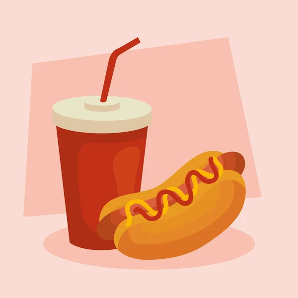 Fast food, delizioso hot dog con bevanda in bottiglia — Vettoriale Stock