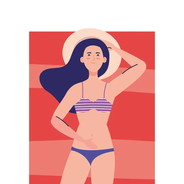 Vista aérea, mujer usando traje de baño acostado, bronceado en la toalla, temporada de acación de verano — Archivo Imágenes Vectoriales