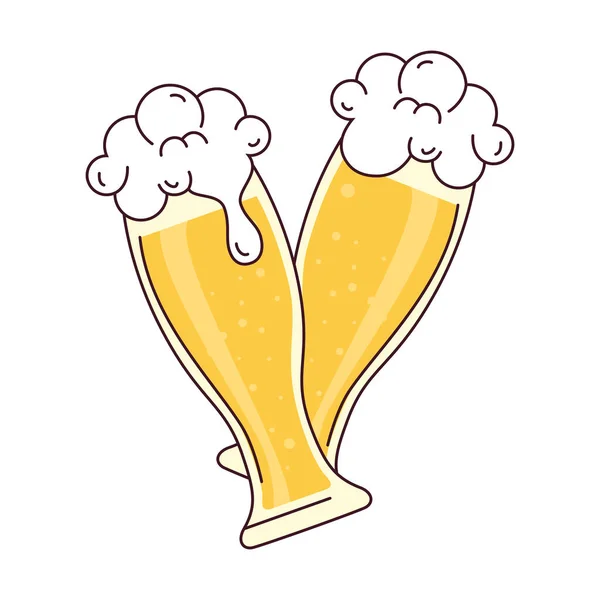 Dois copos de cerveja com espuma, saúde, em fundo branco — Vetor de Stock