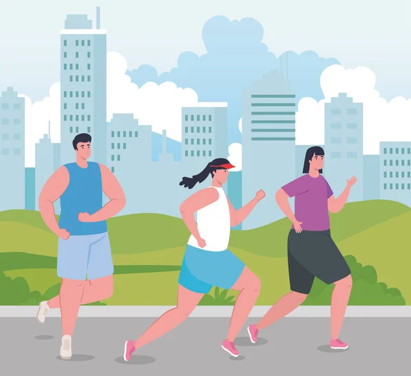 Pessoas correndo ao ar livre, jovens em sportswear jogging no parque — Vetor de Stock
