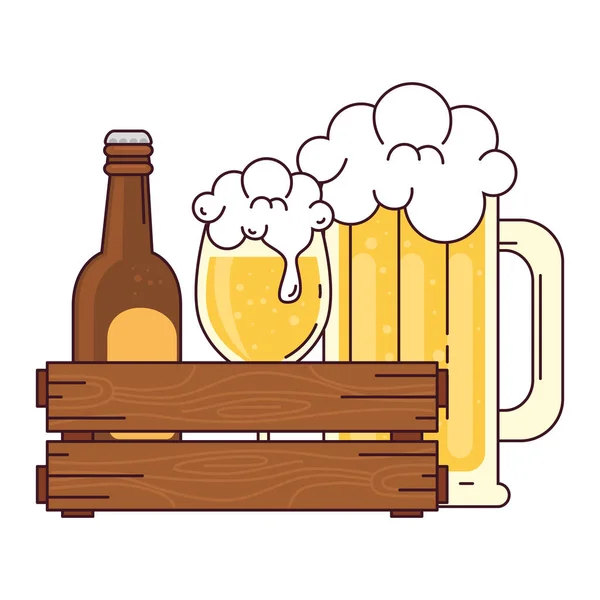 Láhev s šálkem a hrnečkem piva v dřevěné krabici, na bílém pozadí — Stockový vektor