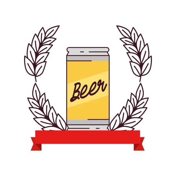 Lata de cerveza con decoración de espiga y cinta sobre fondo blanco — Vector de stock