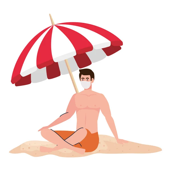 Muž v šortkách s lékařskou maskou, cestovní ruch s koronavirem, prevence covid 19 v letních prázdninách — Stockový vektor