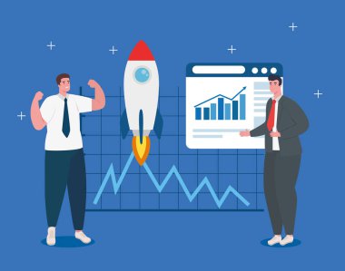 iş kurma konsepti, afiş, ticari nesne başlatma süreci, roketli ve web sayfalı işadamları