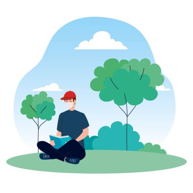 Adam dışarıda kitap okuyor, tıbbi maske takıyor, Coronavirüs önleme kabuğu 19.