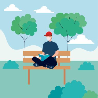 Adam dışarıda kitap okuyor, tıbbi maske takıyor, Coronavirüs önleme kabuğu 19.