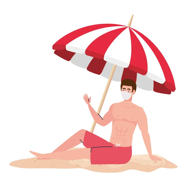 Muž v šortkách s lékařskou maskou, cestovní ruch s koronavirem, prevence covid 19 v letních prázdninách — Stockový vektor