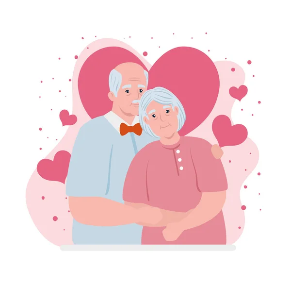 Pareja de ancianos sonriendo, anciana y pareja de ancianos enamorados, con decoración de corazones — Vector de stock