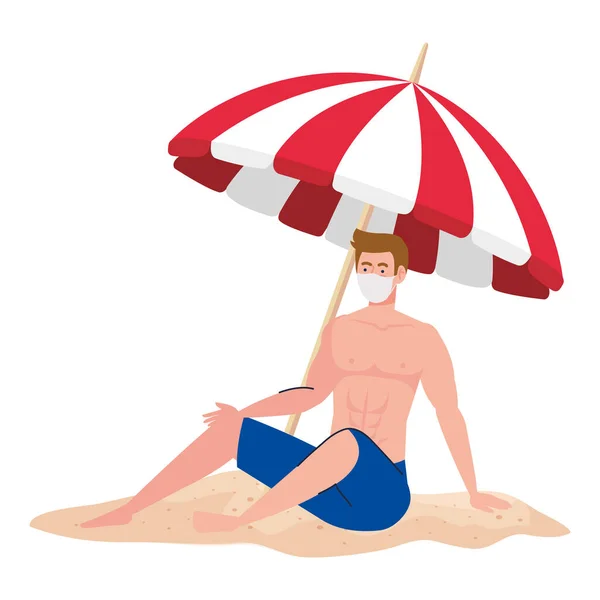 Hombre en pantalones cortos con máscara médica, turismo con coronavirus, prevención covid 19 en vacaciones de verano — Vector de stock