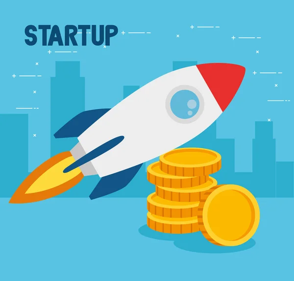 Business start-up concept, banner, business object startup proces, raket met stapel munten — Stockvector