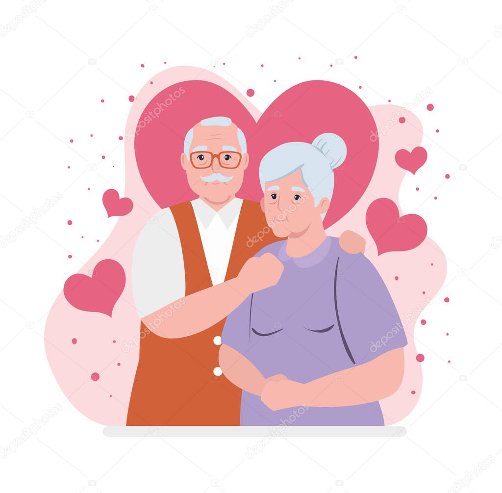 elderly couple smiling, old woman and old man couple in love, with hearts decoration