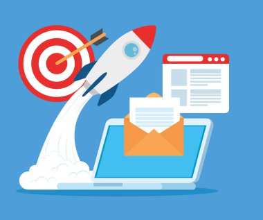 iş kurma konsepti, bayrak, ticari nesne başlatma süreci, roket ve iş simgelerine sahip dizüstü bilgisayar