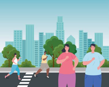 Şehirde koşan insanlar, spor kıyafetleri içinde koşan insanlar, sokakta koşan sporcular.