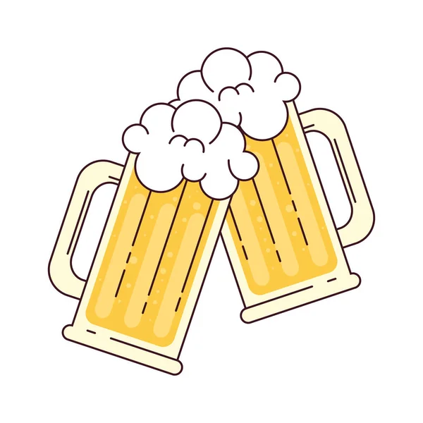 Canecas de cerveja com espuma, saúde, no fundo branco —  Vetores de Stock