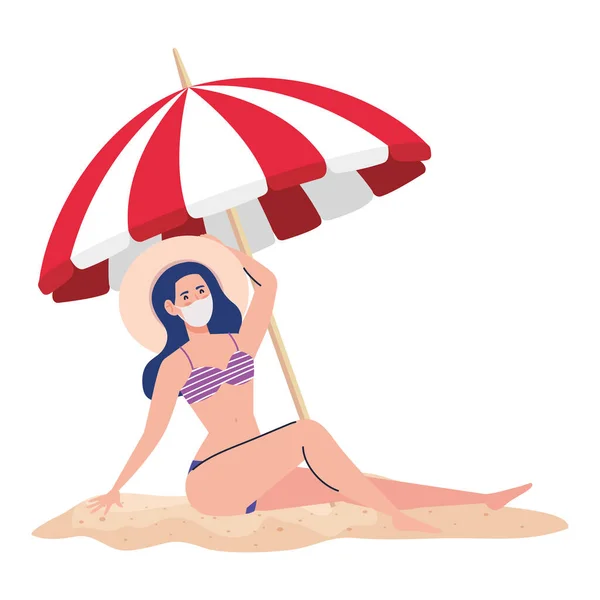 Mujer con traje de baño con máscara médica, turismo con coronavirus, prevención covid 19 en la playa — Vector de stock