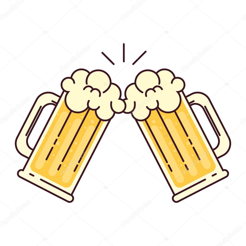 mugs of beer with froth, cheers, on white background