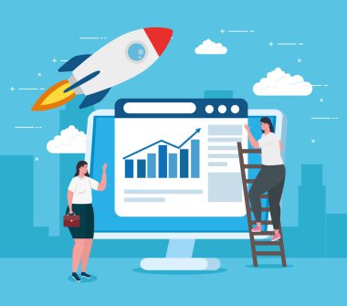 iş kurma konsepti, afiş, ticari nesne başlatma süreci, iş kadınları, web sayfası ve roketli bilgisayar